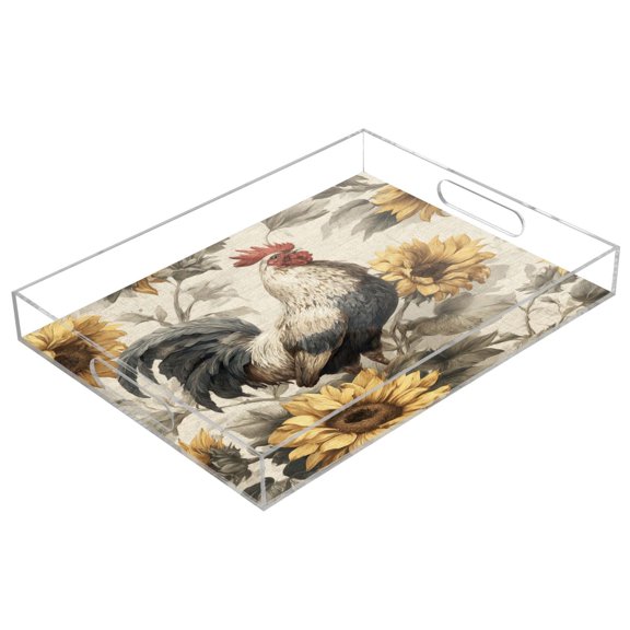 Acrylic Serving Tray 15.7x11.8 Inch Rooster and Sunflowers Anti-Spill Decorative Tray with Handles, Countertop Storage Organizer for Kitchen Dining Restaurant Bathroom
