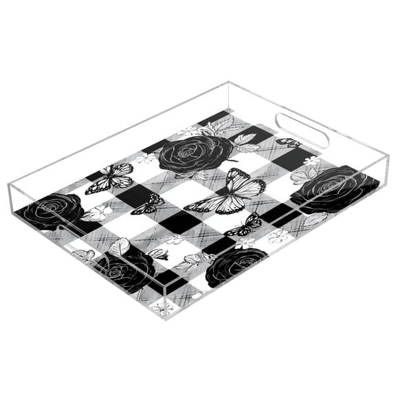 Acrylic Serving Tray 15.7x11.8 Inch Rose Checkered Pattern Anti-Spill Decorative Tray with Handles, Countertop Storage Organizer for Kitchen Dining Restaurant Bathroom