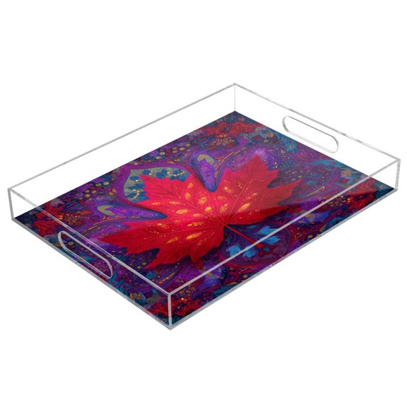 Acrylic Serving Tray 15.7x11.8 Inch Sacred Maple Leaf Anti-Spill Decorative Tray with Handles, Countertop Storage Organizer for Kitchen Dining Restaurant Bathroom