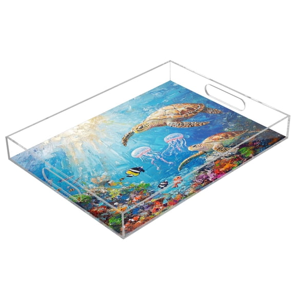 Acrylic Serving Tray 15.7x11.8 Inch Sea Turtles Underwater Painting Anti-Spill Decorative Tray with Handles, Countertop Storage Organizer for Kitchen Dining Restaurant Bathroom