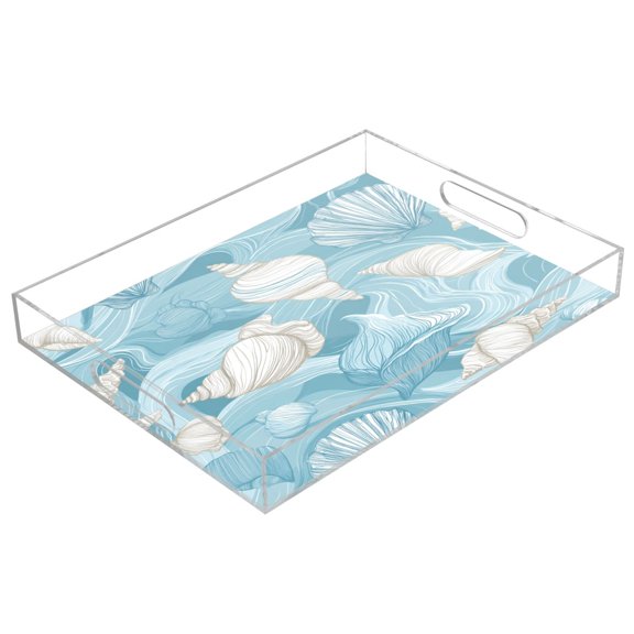 Acrylic Serving Tray 15.7x11.8 Inch Seashells and Sea Waves Pattern Anti-Spill Decorative Tray with Handles, Countertop Storage Organizer for Kitchen Dining Restaurant Bathroom