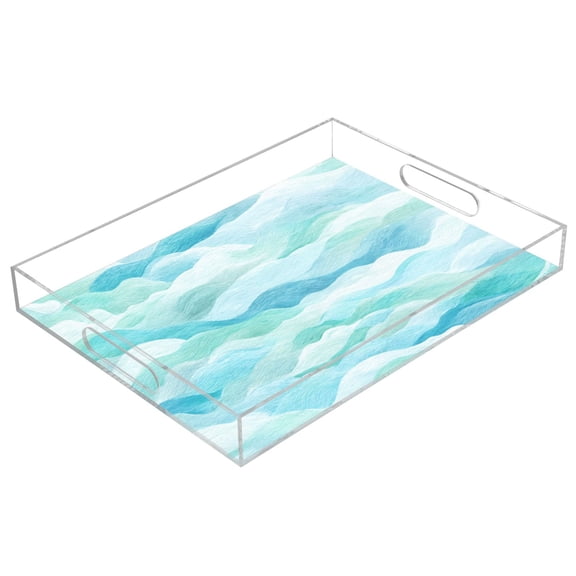Acrylic Serving Tray 15.7x11.8 Inch Serene Coastal Wave Print Anti-Spill Decorative Tray with Handles, Countertop Storage Organizer for Kitchen Dining Restaurant Bathroom