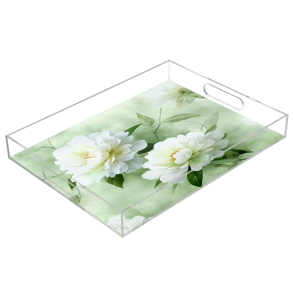 Acrylic Serving Tray 15.7x11.8 Inch Serene Mint Peony Blooms Anti-Spill Decorative Tray with Handles, Countertop Storage Organizer for Kitchen Dining Restaurant Bathroom