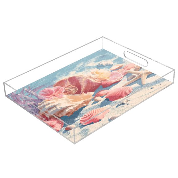 Acrylic Serving Tray 15.7x11.8 Inch Shell and Conch Pattern Anti-Spill Decorative Tray with Handles, Countertop Storage Organizer for Kitchen Dining Restaurant Bathroom