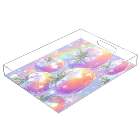 Acrylic Serving Tray 15.7x11.8 Inch Shiny Tomatoes Pattern Anti-Spill Decorative Tray with Handles, Countertop Storage Organizer for Kitchen Dining Restaurant Bathroom