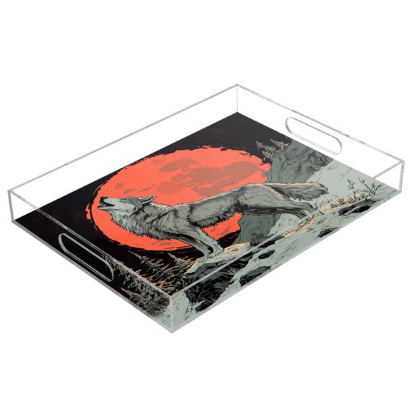 Acrylic Serving Tray 15.7x11.8 Inch Snarling Wolf Anti-Spill Decorative Tray with Handles, Countertop Storage Organizer for Kitchen Dining Restaurant Bathroom