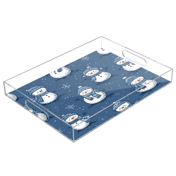 Acrylic Serving Tray 15.7x11.8 Inch Snowflakes and Smiling Snowmen Anti-Spill Decorative Tray with Handles, Countertop Storage Organizer for Kitchen Dining Restaurant Bathroom