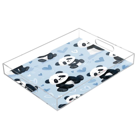Acrylic Serving Tray 15.7x11.8 Inch Soft Blue Panda Print Anti-Spill Decorative Tray with Handles, Countertop Storage Organizer for Kitchen Dining Restaurant Bathroom