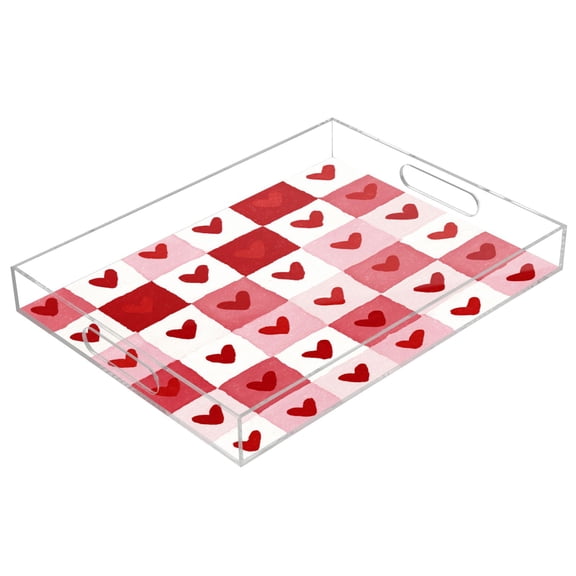 Acrylic Serving Tray 15.7x11.8 Inch Soft Heart Checkerboard Anti-Spill Decorative Tray with Handles, Countertop Storage Organizer for Kitchen Dining Restaurant Bathroom