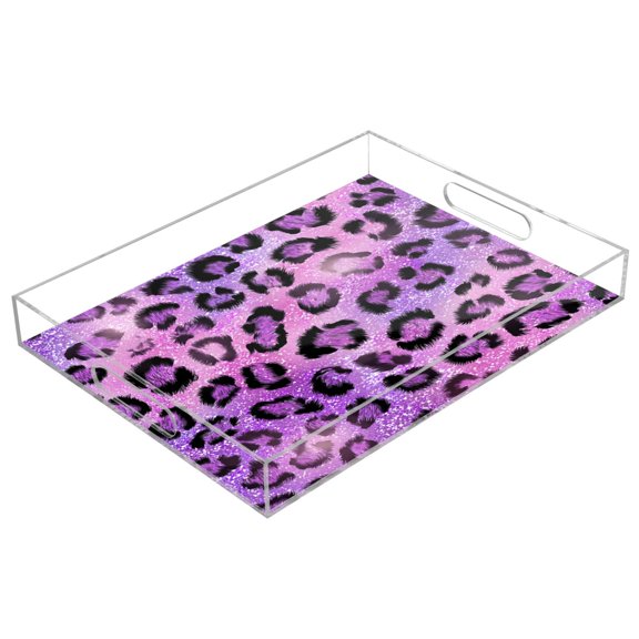Acrylic Serving Tray 15.7x11.8 Inch Sparkle Pink Leopard Print Anti-Spill Decorative Tray with Handles, Countertop Storage Organizer for Kitchen Dining Restaurant Bathroom