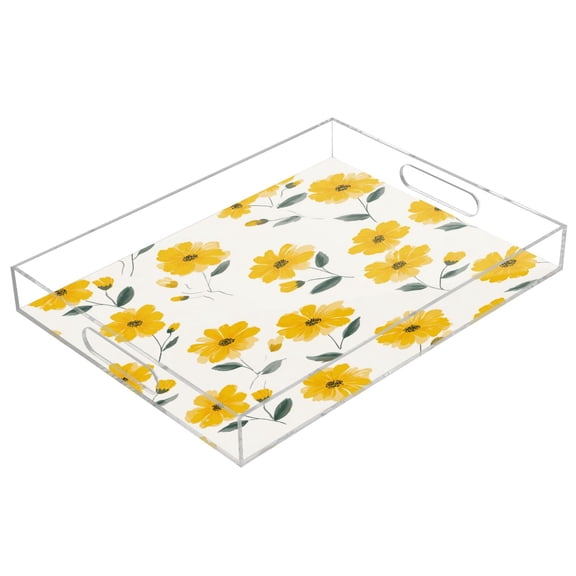 Acrylic Serving Tray 15.7x11.8 Inch Spring Yellow Daisy Floral Anti-Spill Decorative Tray with Handles, Countertop Storage Organizer for Kitchen Dining Restaurant Bathroom