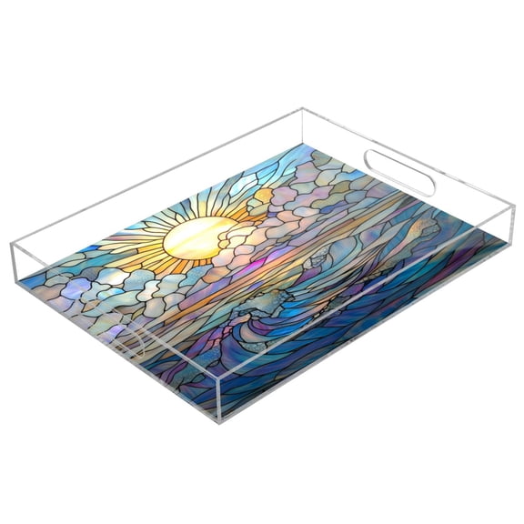 Acrylic Serving Tray 15.7x11.8 Inch Stained Glass Sea Sunrise Anti-Spill Decorative Tray with Handles, Countertop Storage Organizer for Kitchen Dining Restaurant Bathroom