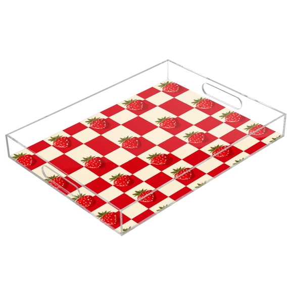 Acrylic Serving Tray 15.7x11.8 Inch Strawberries Checkered Tablecloth Anti-Spill Decorative Tray with Handles, Countertop Storage Organizer for Kitchen Dining Restaurant Bathroom