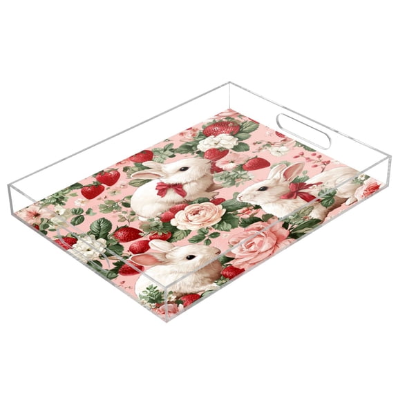 Acrylic Serving Tray 15.7x11.8 Inch Strawberry Floral Bunnies Anti-Spill Decorative Tray with Handles, Countertop Storage Organizer for Kitchen Dining Restaurant Bathroom
