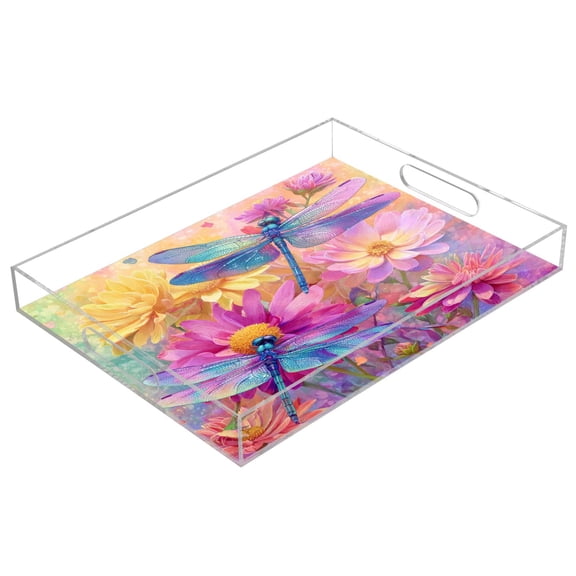 Acrylic Serving Tray 15.7x11.8 Inch Summer Dragonfly Blooms Print Anti-Spill Decorative Tray with Handles, Countertop Storage Organizer for Kitchen Dining Restaurant Bathroom