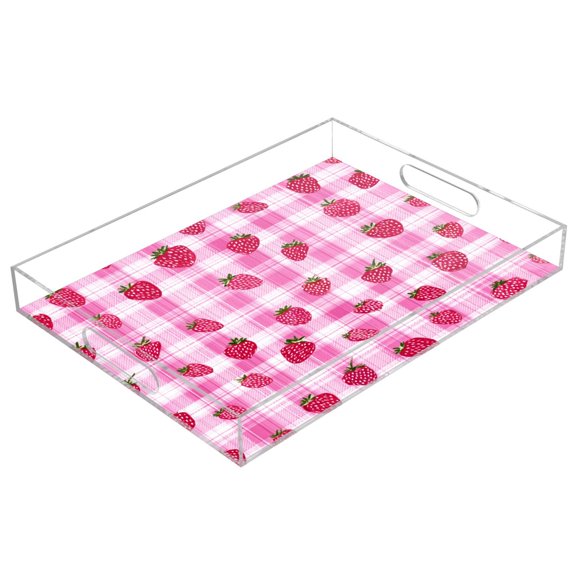 Acrylic Serving Tray 15.7x11.8 Inch Summer Strawberry Gingham Pattern Anti-Spill Decorative Tray with Handles, Countertop Storage Organizer for Kitchen Dining Restaurant Bathroom