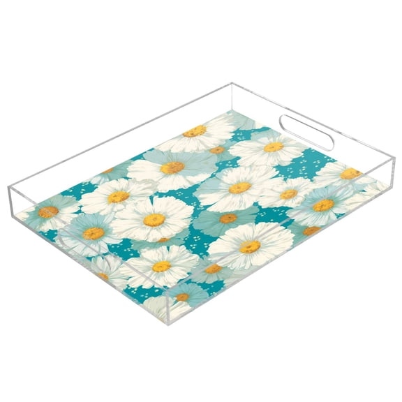 Acrylic Serving Tray 15.7x11.8 Inch Summer Turquoise Flower Anti-Spill Decorative Tray with Handles, Countertop Storage Organizer for Kitchen Dining Restaurant Bathroom