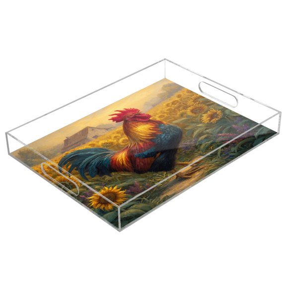 Acrylic Serving Tray 15.7x11.8 Inch Sunflower Farm's Rooster Anti-Spill Decorative Tray with Handles, Countertop Storage Organizer for Kitchen Dining Restaurant Bathroom