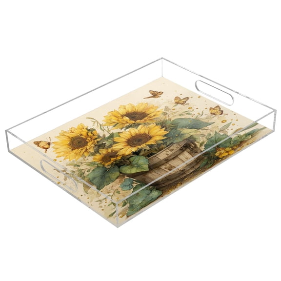 Acrylic Serving Tray 15.7x11.8 Inch Sunflowers in An Old Bucket Anti-Spill Decorative Tray with Handles, Countertop Storage Organizer for Kitchen Dining Restaurant Bathroom