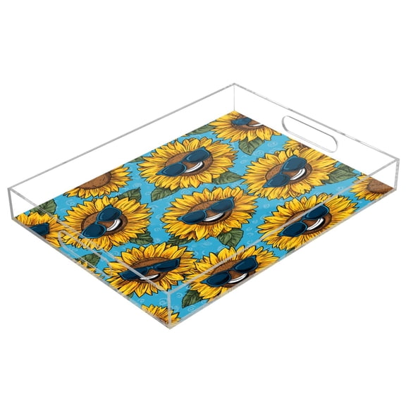 Acrylic Serving Tray 15.7x11.8 Inch Sunglasses Smiley Sunflowers Anti-Spill Decorative Tray with Handles, Countertop Storage Organizer for Kitchen Dining Restaurant Bathroom