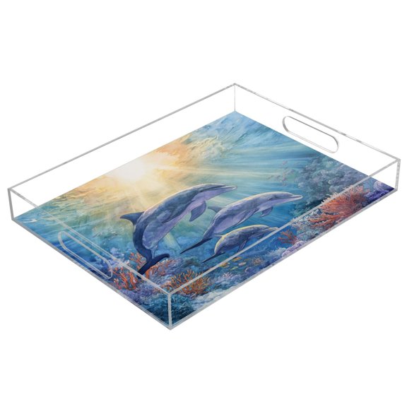 Acrylic Serving Tray 15.7x11.8 Inch Sunlit Dolphin Pod Print Anti-Spill Decorative Tray with Handles, Countertop Storage Organizer for Kitchen Dining Restaurant Bathroom