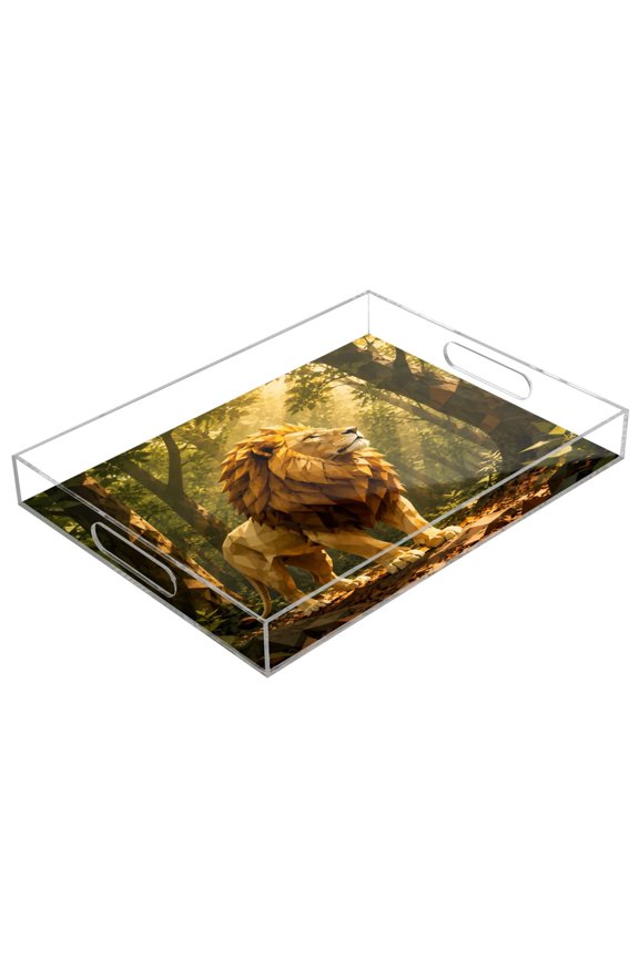 Acrylic Serving Tray 15.7x11.8 Inch Sunlit Forest Lion King Anti-Spill Decorative Tray with Handles, Countertop Storage Organizer for Kitchen Dining Restaurant Bathroom
