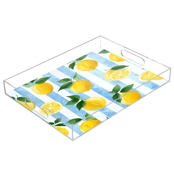 Acrylic Serving Tray 15.7x11.8 Inch Sunny Lemon Summer Stripes Anti-Spill Decorative Tray with Handles, Countertop Storage Organizer for Kitchen Dining Restaurant Bathroom