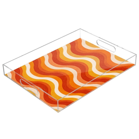 Acrylic Serving Tray 15.7x11.8 Inch Sunny Orange Gradient Waves Anti-Spill Decorative Tray with Handles, Countertop Storage Organizer for Kitchen Dining Restaurant Bathroom