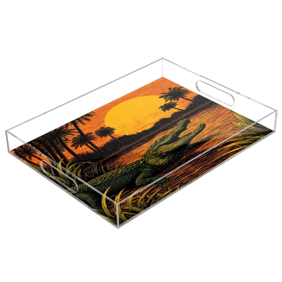 Acrylic Serving Tray 15.7x11.8 Inch Swamp Alligator Art Anti-Spill Decorative Tray with Handles, Countertop Storage Organizer for Kitchen Dining Restaurant Bathroom