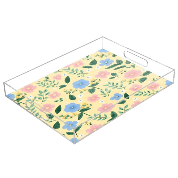 Acrylic Serving Tray 15.7x11.8 Inch Sweet Buttercup Floral Bloom Anti-Spill Decorative Tray with Handles, Countertop Storage Organizer for Kitchen Dining Restaurant Bathroom