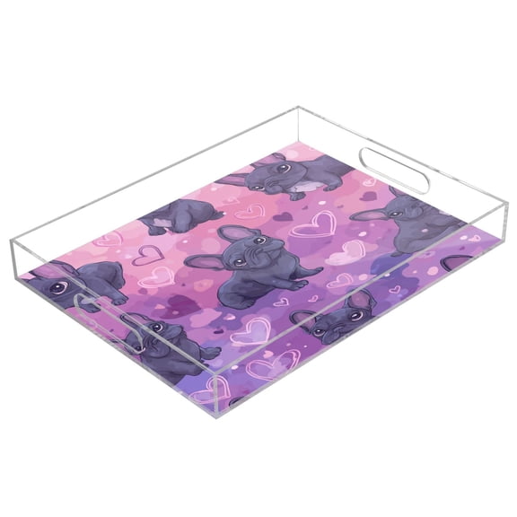 Acrylic Serving Tray 15.7x11.8 Inch Sweet Frenchie Pink Hearts Anti-Spill Decorative Tray with Handles, Countertop Storage Organizer for Kitchen Dining Restaurant Bathroom