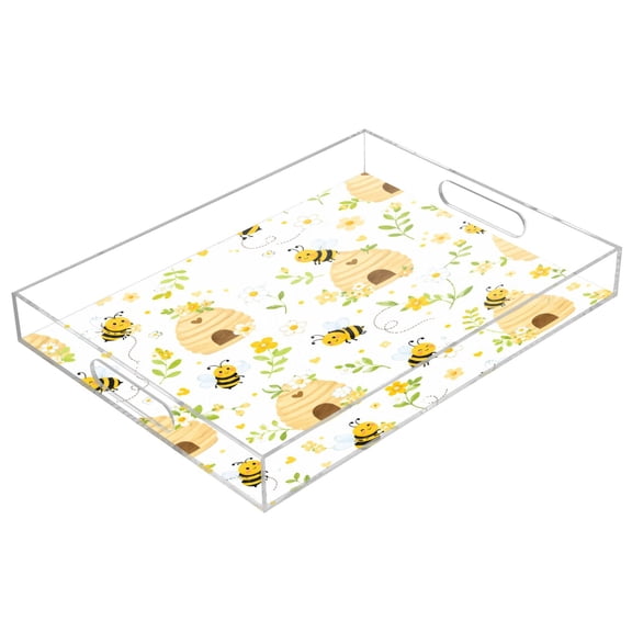 Acrylic Serving Tray 15.7x11.8 Inch Sweet Honey Bee Pattern Anti-Spill Decorative Tray with Handles, Countertop Storage Organizer for Kitchen Dining Restaurant Bathroom