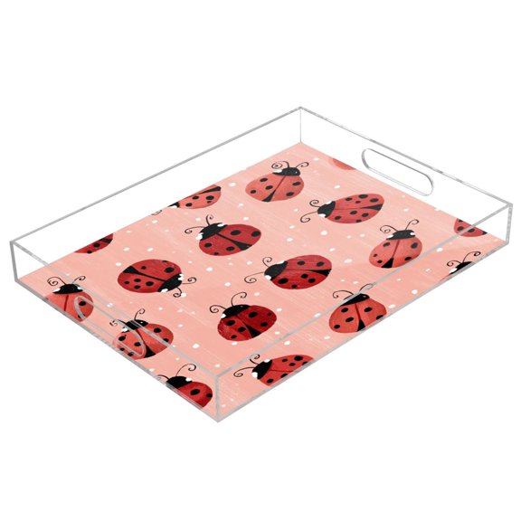 Acrylic Serving Tray 15.7x11.8 Inch Sweet Ladybug Print Anti-Spill Decorative Tray with Handles, Countertop Storage Organizer for Kitchen Dining Restaurant Bathroom