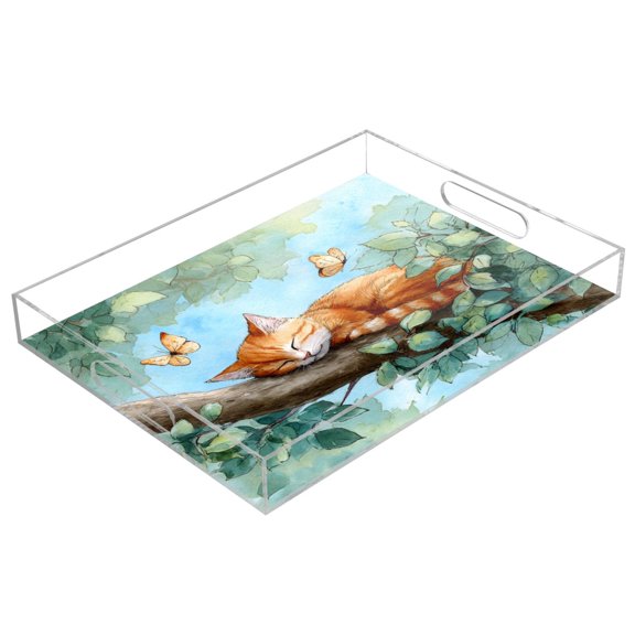 Acrylic Serving Tray 15.7x11.8 Inch Tangerine Cat in The Tree Anti-Spill Decorative Tray with Handles, Countertop Storage Organizer for Kitchen Dining Restaurant Bathroom