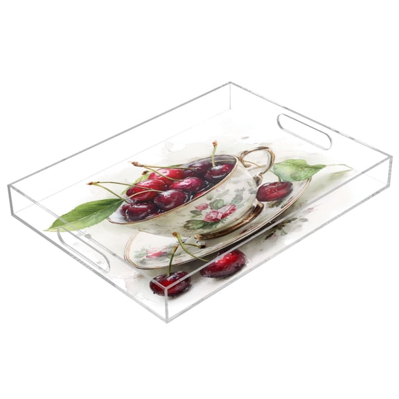 Acrylic Serving Tray 15.7x11.8 Inch Teacup Filled with Cherries Anti-Spill Decorative Tray with Handles, Countertop Storage Organizer for Kitchen Dining Restaurant Bathroom