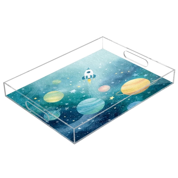 Acrylic Serving Tray 15.7x11.8 Inch Teal Turquoise Space Rocket Art Anti-Spill Decorative Tray with Handles, Countertop Storage Organizer for Kitchen Dining Restaurant Bathroom