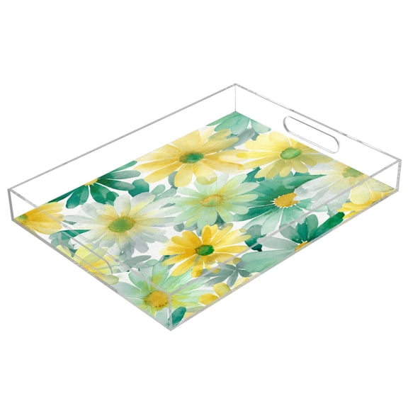 Acrylic Serving Tray 15.7x11.8 Inch Teal Yellow Daisy Print Anti-Spill Decorative Tray with Handles, Countertop Storage Organizer for Kitchen Dining Restaurant Bathroom