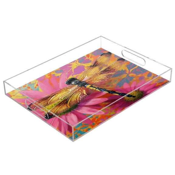 Acrylic Serving Tray 15.7x11.8 Inch Textured Dragonfly Flower Artwork Anti-Spill Decorative Tray with Handles, Countertop Storage Organizer for Kitchen Dining Restaurant Bathroom