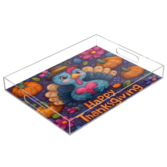 Acrylic Serving Tray 15.7x11.8 Inch Thanksgiving Turkey Design Anti-Spill Decorative Tray with Handles, Countertop Storage Organizer for Kitchen Dining Restaurant Bathroom