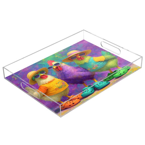 Acrylic Serving Tray 15.7x11.8 Inch Three Cute Chickens Pattern Anti-Spill Decorative Tray with Handles, Countertop Storage Organizer for Kitchen Dining Restaurant Bathroom