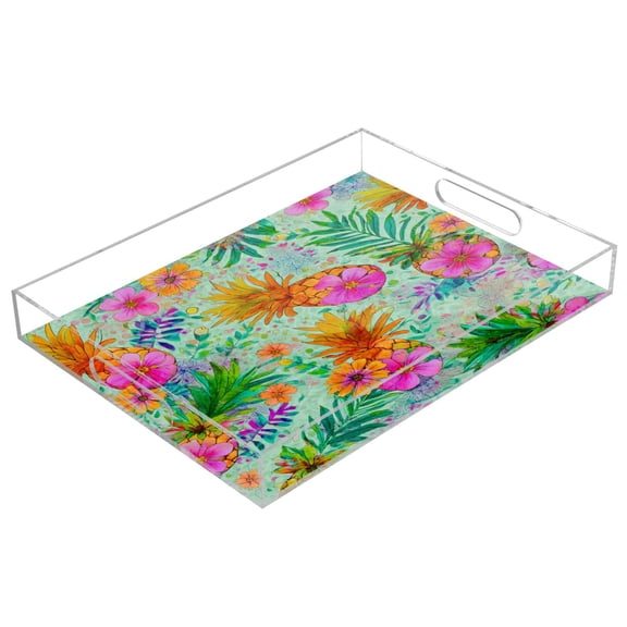 Acrylic Serving Tray 15.7x11.8 Inch Tropical Pineapple Floral Anti-Spill Decorative Tray with Handles, Countertop Storage Organizer for Kitchen Dining Restaurant Bathroom