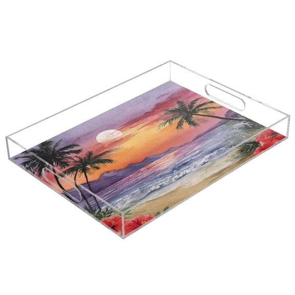 Acrylic Serving Tray 15.7x11.8 Inch Tropical Sunset Beach Print Anti-Spill Decorative Tray with Handles, Countertop Storage Organizer for Kitchen Dining Restaurant Bathroom