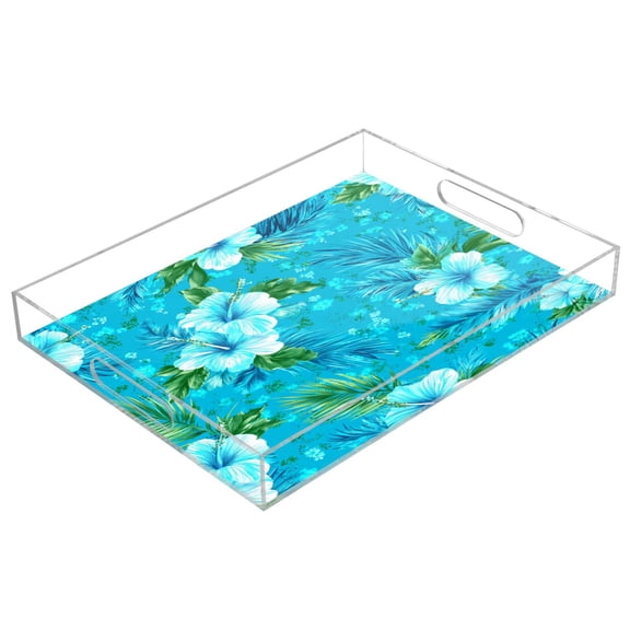 Acrylic Serving Tray 15.7x11.8 Inch Turquoise Hibiscus Tropical Print Anti-Spill Decorative Tray with Handles, Countertop Storage Organizer for Kitchen Dining Restaurant Bathroom