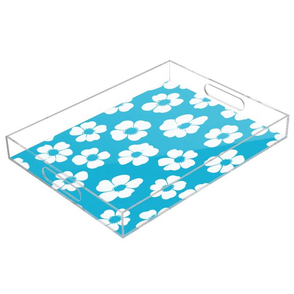 Acrylic Serving Tray 15.7x11.8 Inch Turquoise White Daisy Floral Anti-Spill Decorative Tray with Handles, Countertop Storage Organizer for Kitchen Dining Restaurant Bathroom