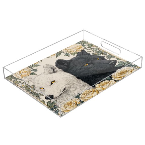 Acrylic Serving Tray 15.7x11.8 Inch Two Black and White Wolves Anti-Spill Decorative Tray with Handles, Countertop Storage Organizer for Kitchen Dining Restaurant Bathroom