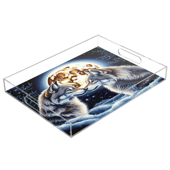Acrylic Serving Tray 15.7x11.8 Inch Two Wolves under Full Moon Anti-Spill Decorative Tray with Handles, Countertop Storage Organizer for Kitchen Dining Restaurant Bathroom