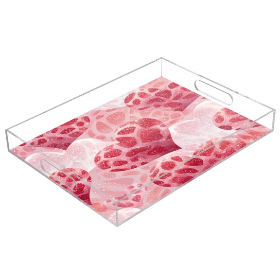 Acrylic Serving Tray 15.7x11.8 Inch Valentine Leopard Heart Pattern Anti-Spill Decorative Tray with Handles, Countertop Storage Organizer for Kitchen Dining Restaurant Bathroom