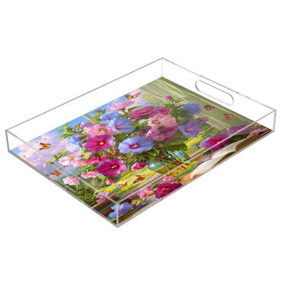 Acrylic Serving Tray 15.7x11.8 Inch Vase by The Window Anti-Spill Decorative Tray with Handles, Countertop Storage Organizer for Kitchen Dining Restaurant Bathroom