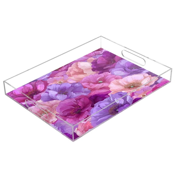 Acrylic Serving Tray 15.7x11.8 Inch Vibrant Fantasy Rose Pattern Anti-Spill Decorative Tray with Handles, Countertop Storage Organizer for Kitchen Dining Restaurant Bathroom