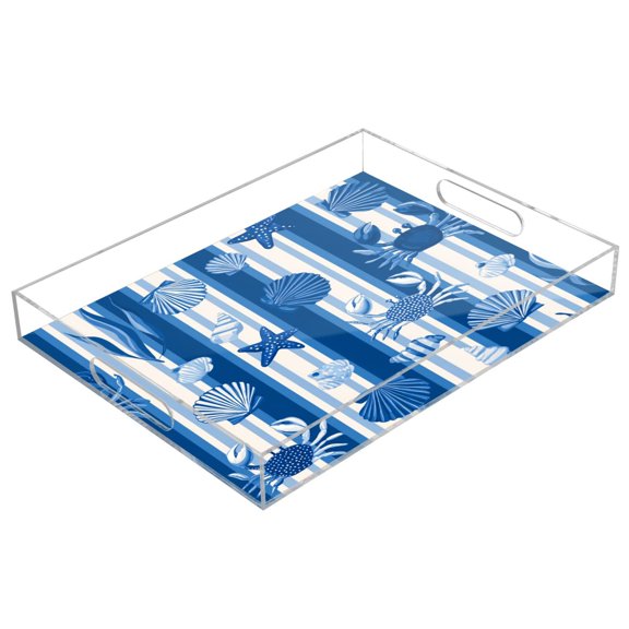 Acrylic Serving Tray 15.7x11.8 Inch Vibrant Indigo Beach Print Anti-Spill Decorative Tray with Handles, Countertop Storage Organizer for Kitchen Dining Restaurant Bathroom